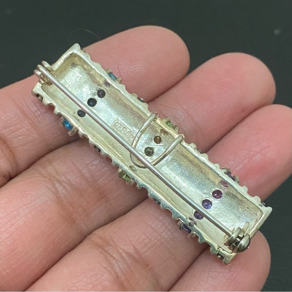 Vintage CID 925 Sterling Signed Amethyst Blue Topaz Peridot Bar Pendant Brooch - Picture 7 of 16
